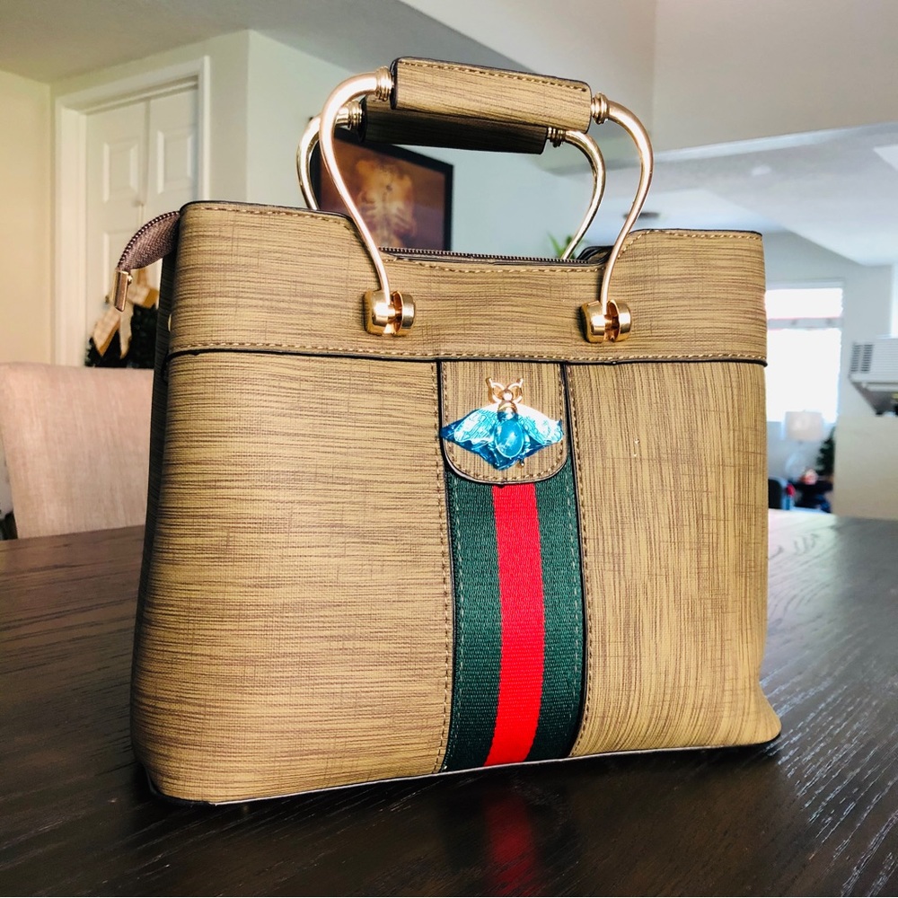 Olive Green Leather Stripped Handbag Purse